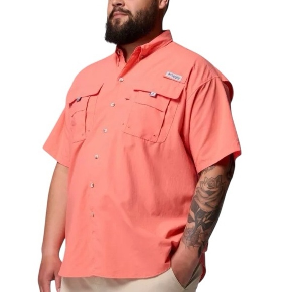 COLUMBIA PFG Big Men's 4XL Melon Orange Fishing Button-Down short sleeve Shirt - Picture 2 of 9